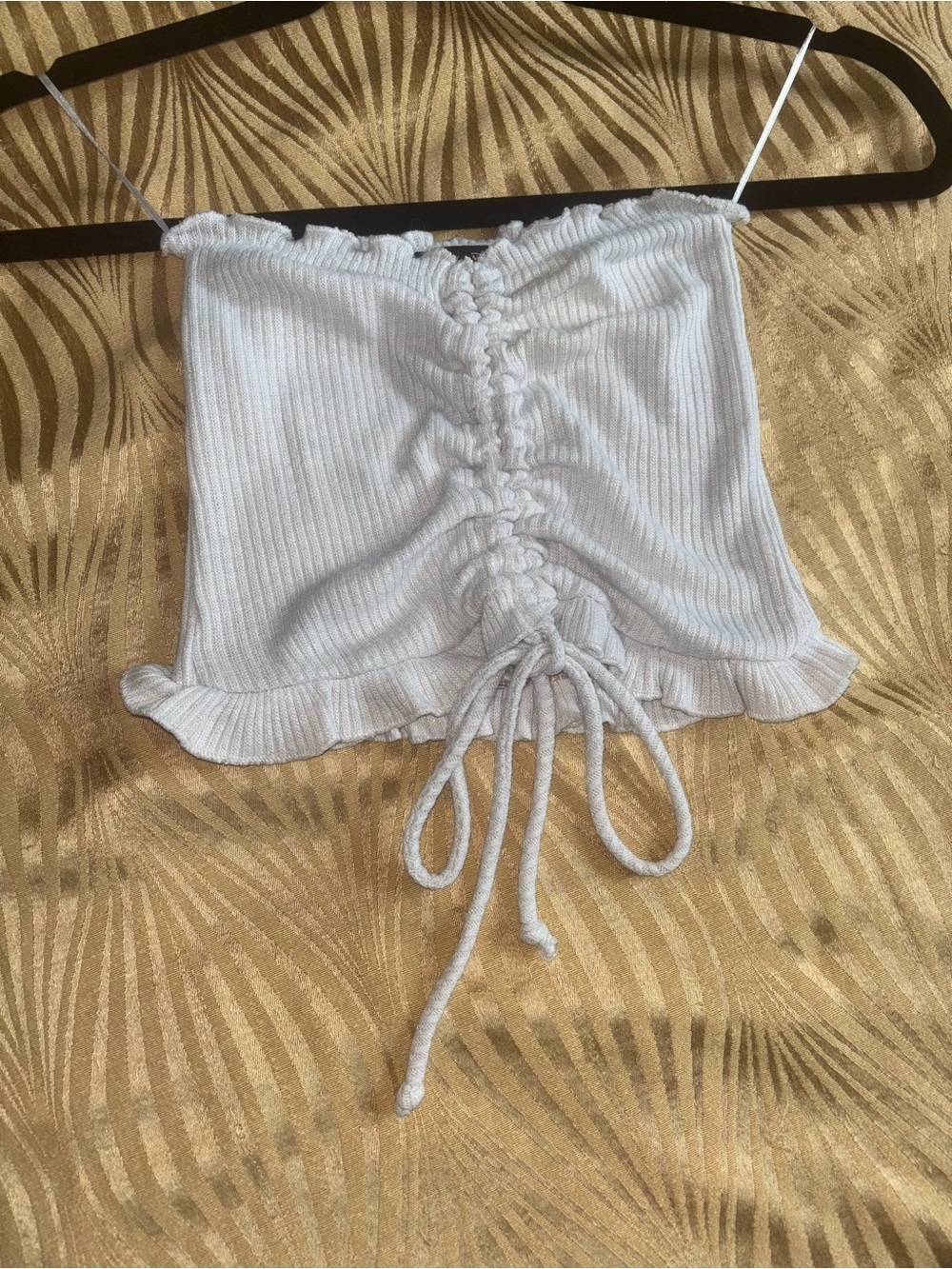 Ribbed Knit Strapless Tube Cropped Top with Ruffle Lettuce Hem Ruching White
